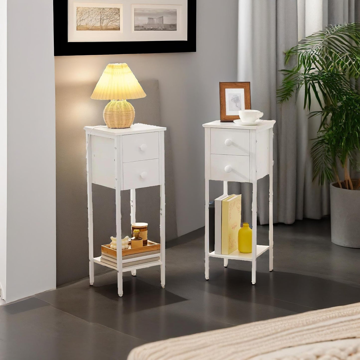 set of 2 double drawer bedside tables white