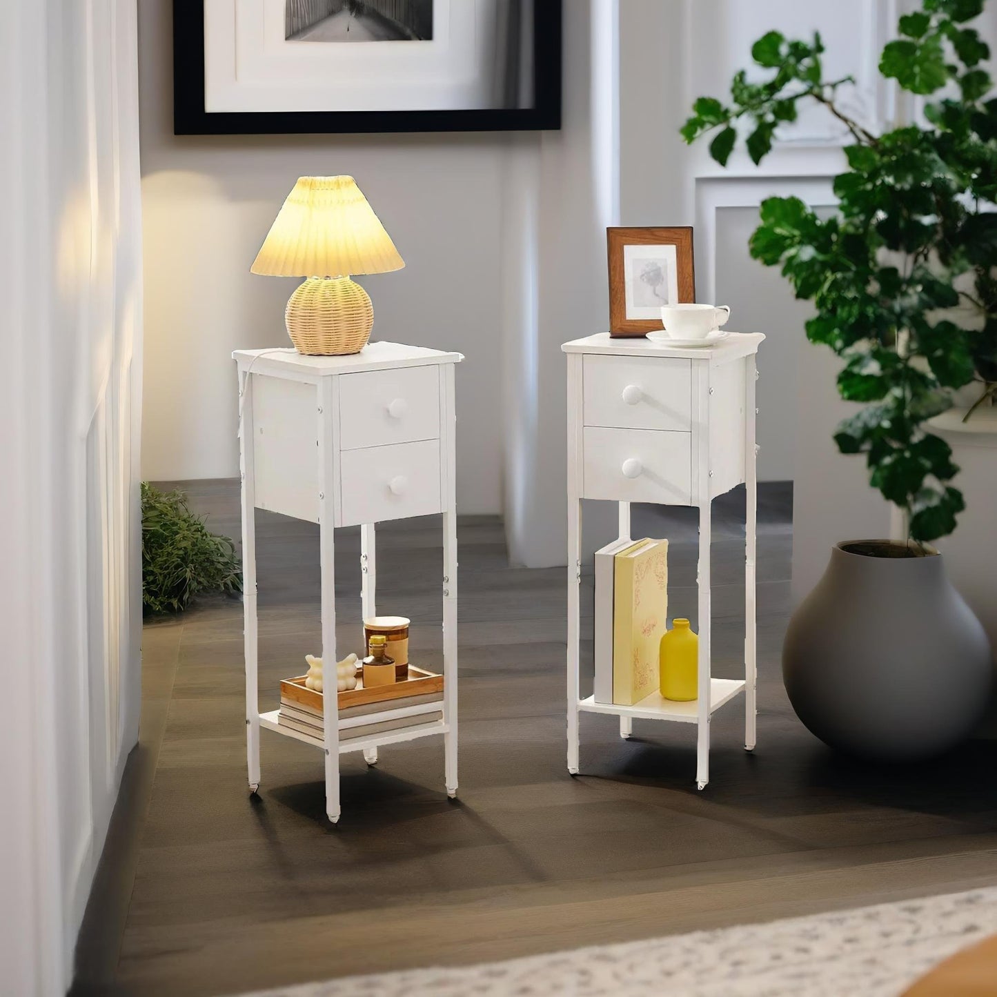 set of 2 double drawer bedside tables white