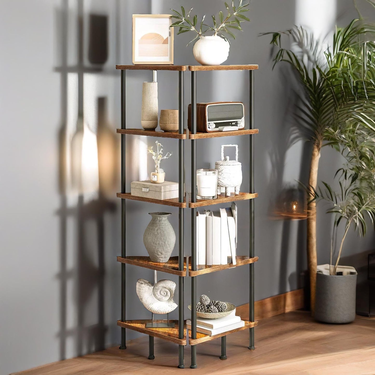 5 tier corner shelf brown