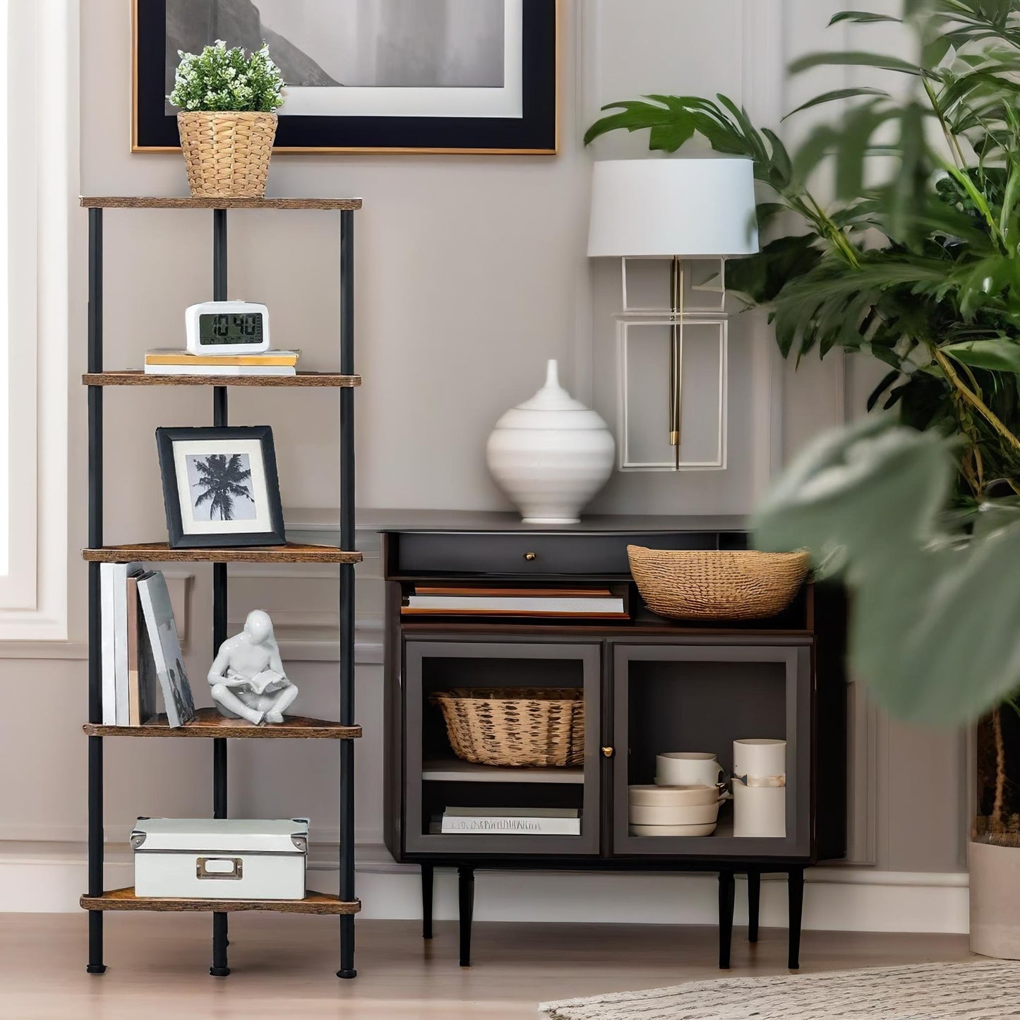 5 tier corner shelf brown