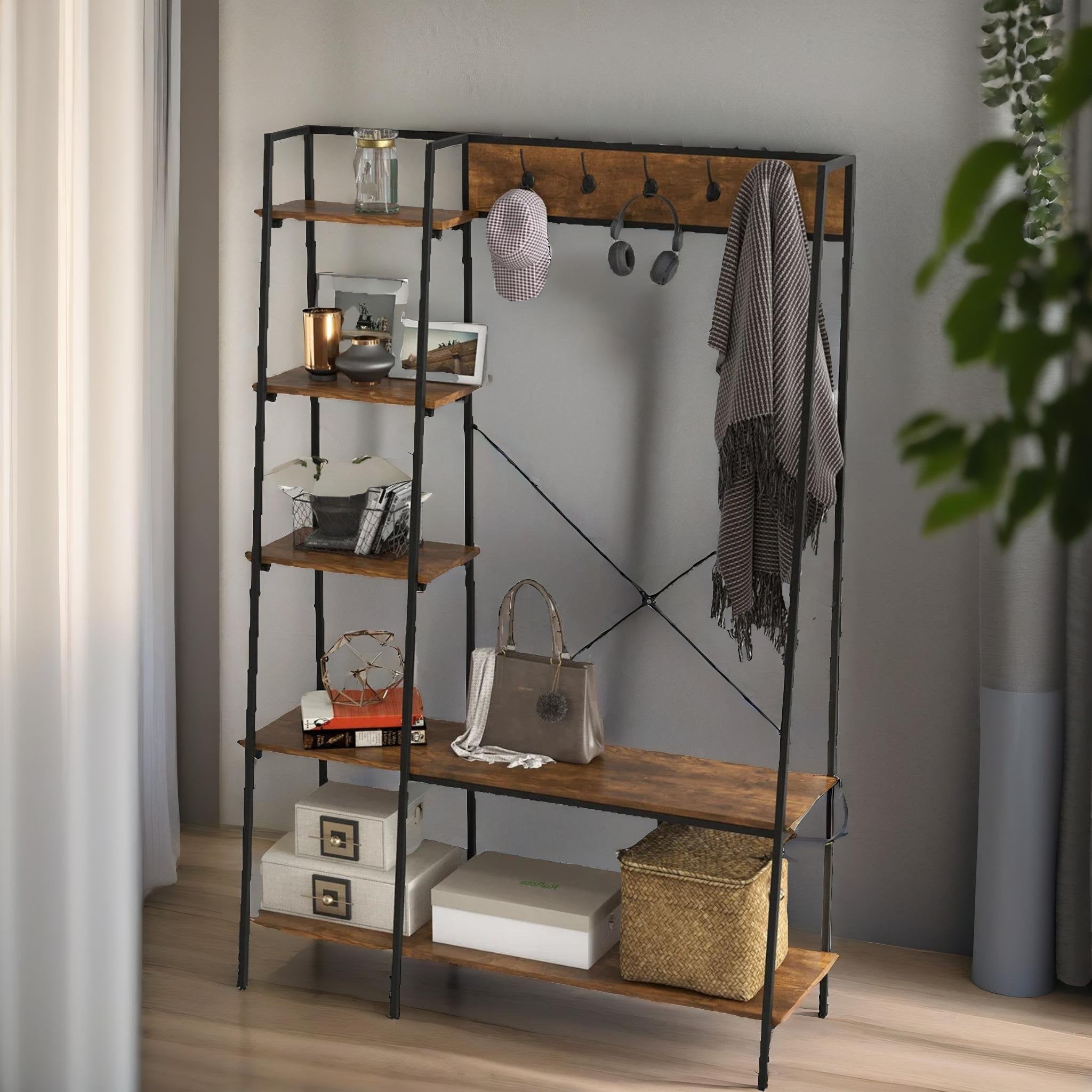 Industrial Coat Hanger Stand with Shoe Storage – Rustic Brown