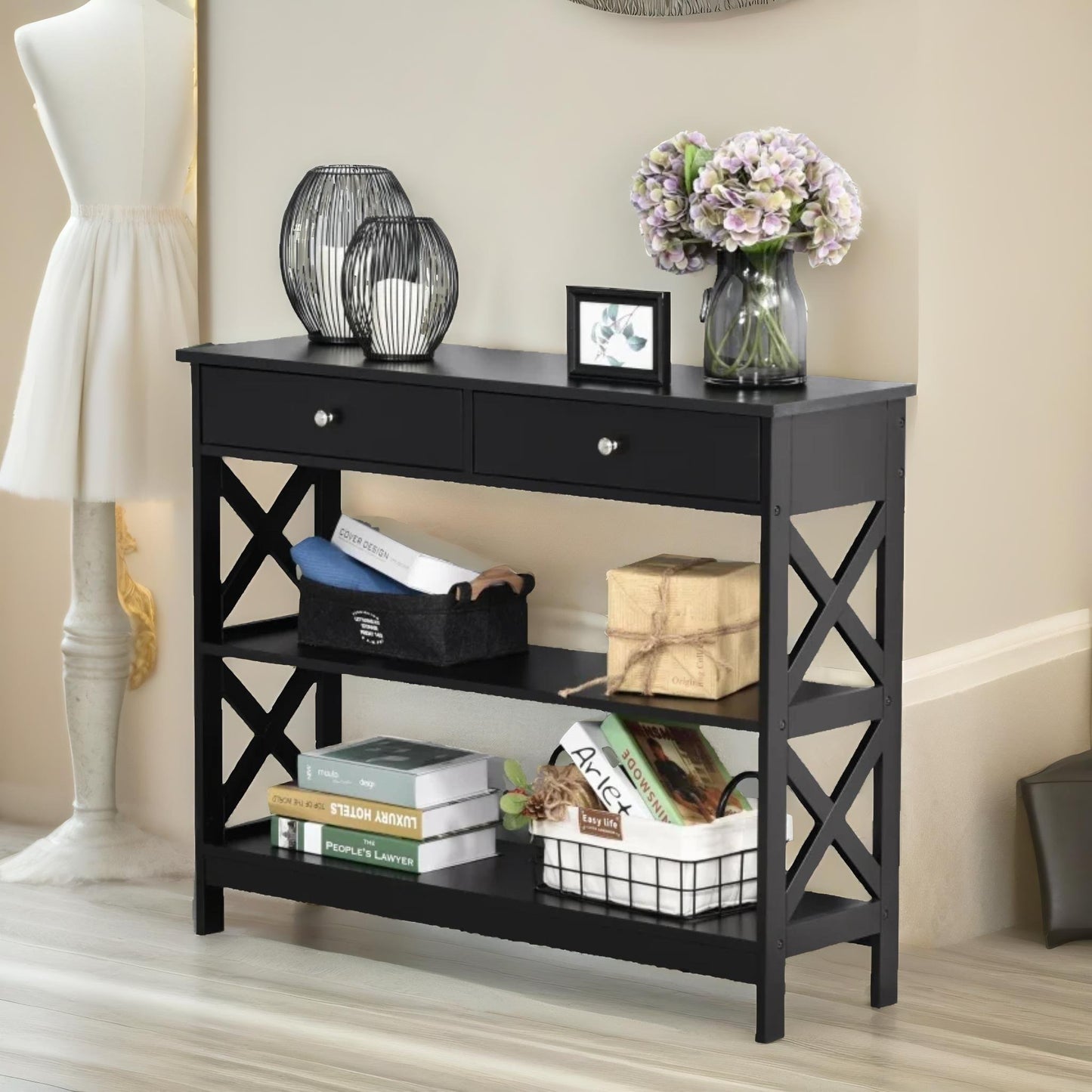 3 tier console table with 2 drawers black