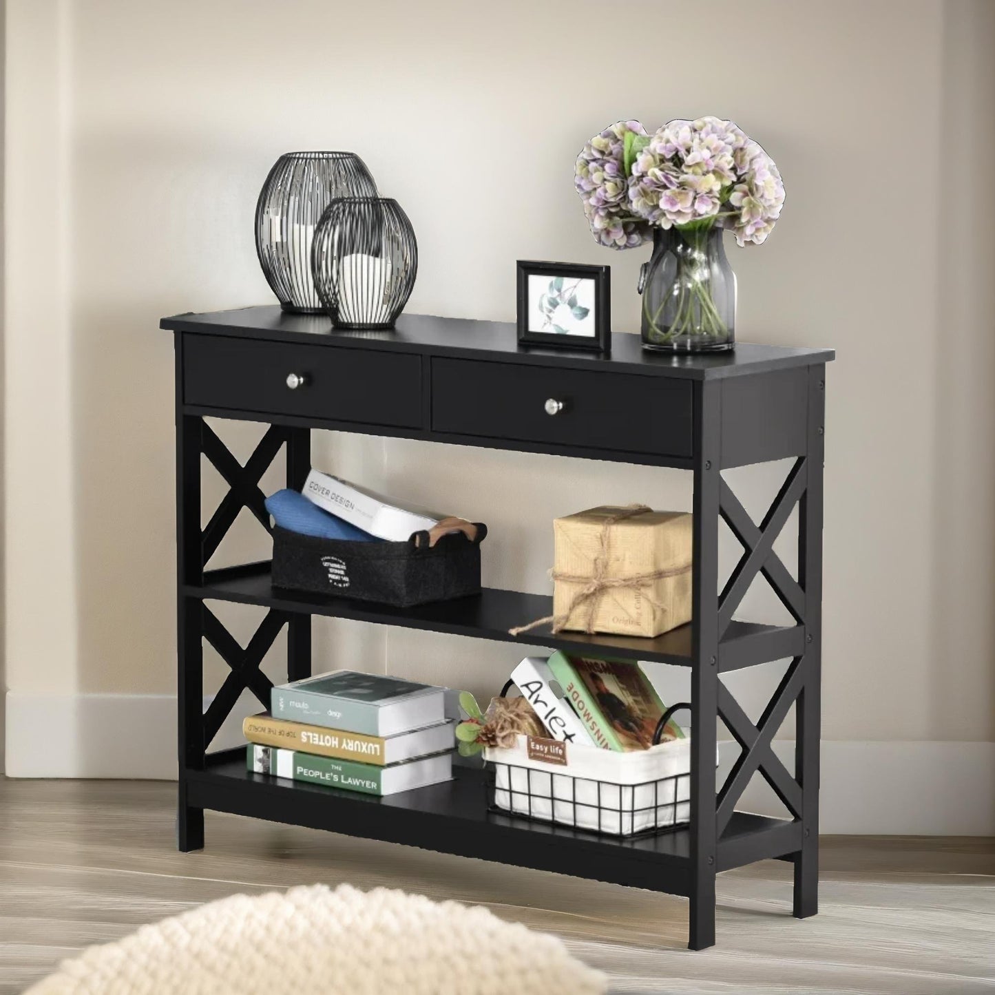 3 tier console table with 2 drawers black