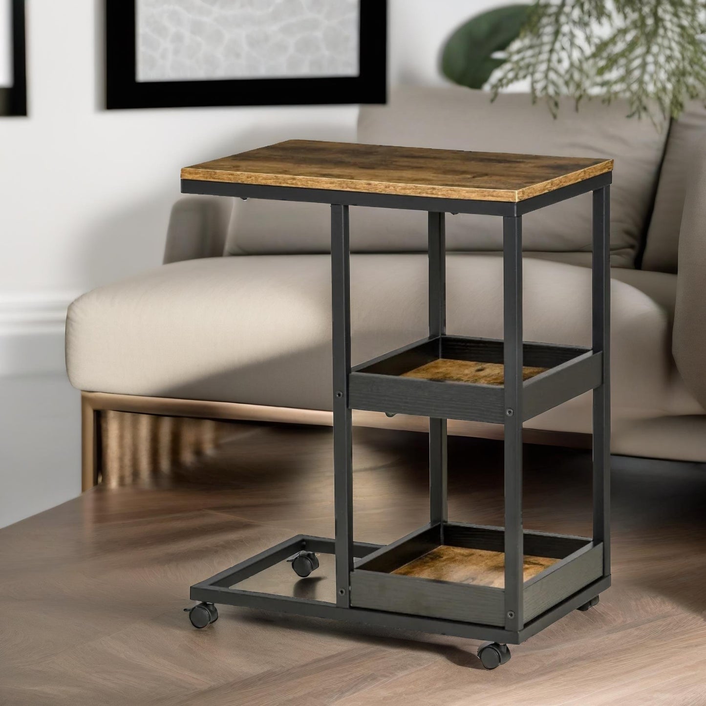 industrial c shaped side table 3-tier with wheels