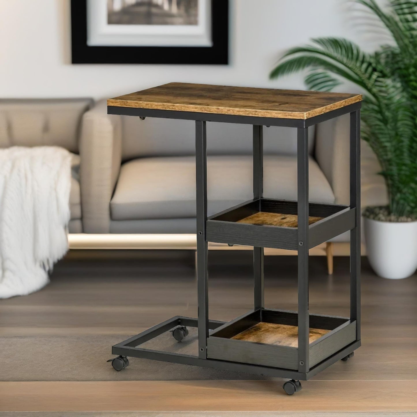 industrial c shaped side table 3-tier with wheels