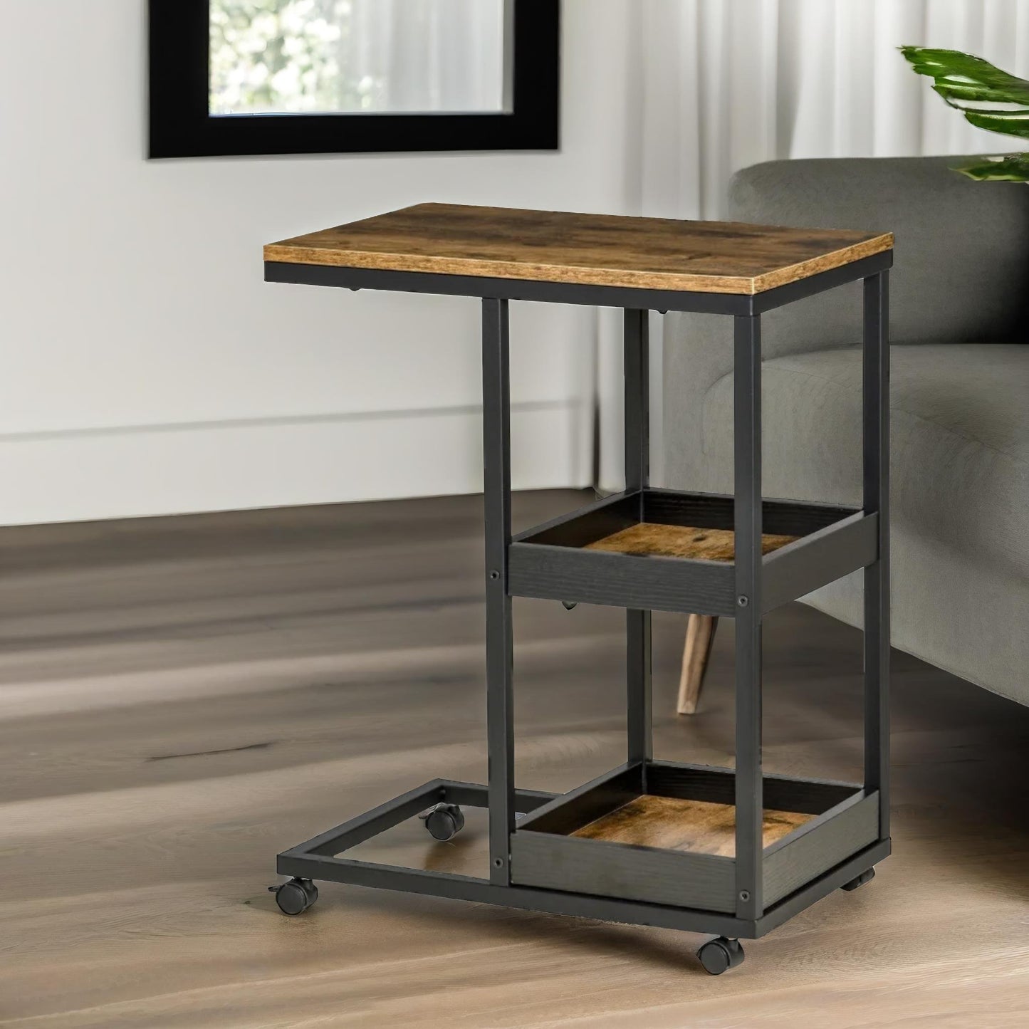 industrial c shaped side table 3-tier with wheels