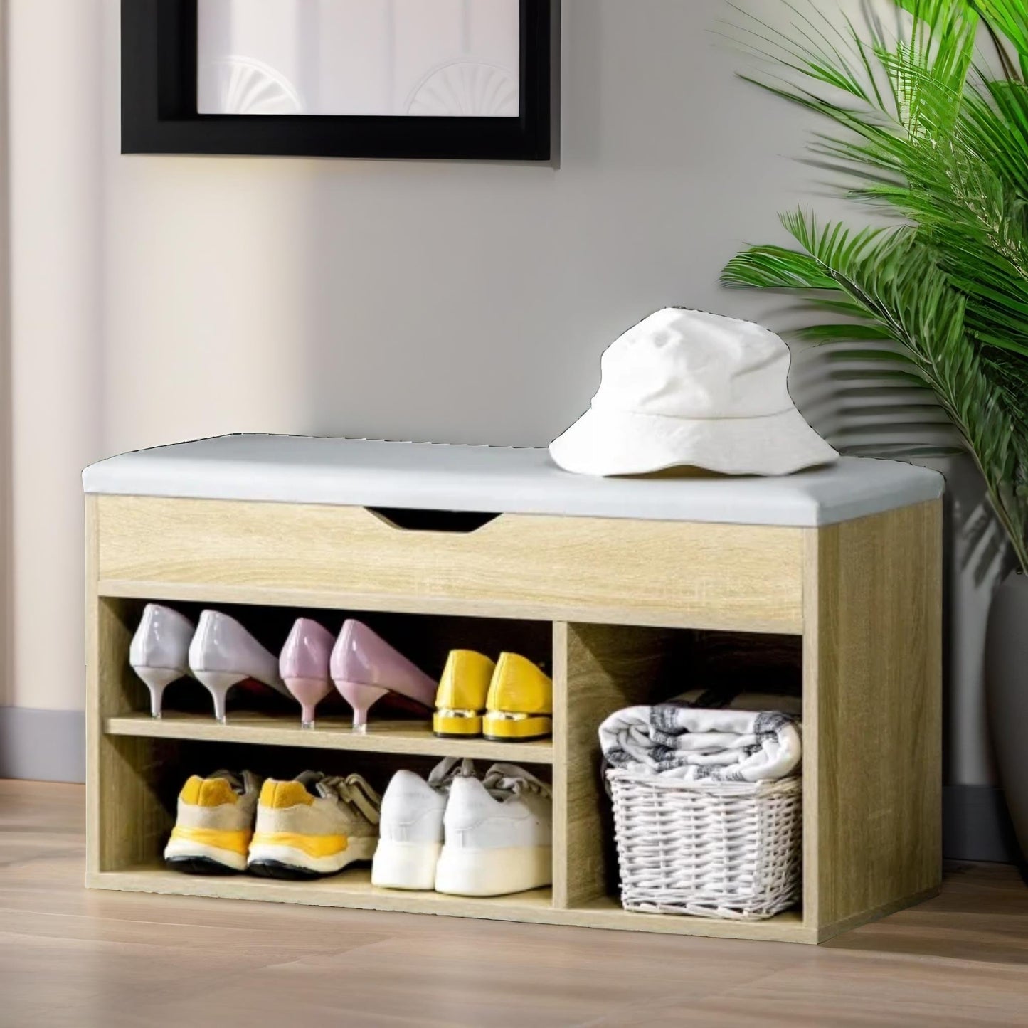 industrial shoe storage bench with cushion seat oak