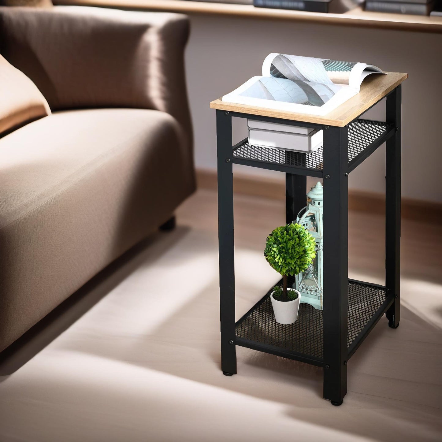 3 tier side table with mesh shelves