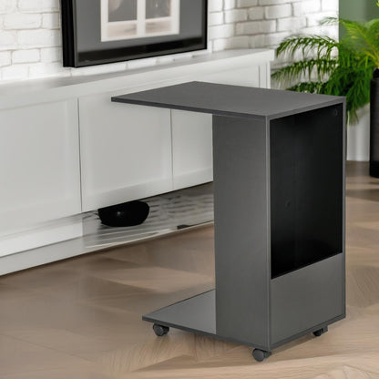 Industrial Black C Shaped Side Table With Storage & Wheels