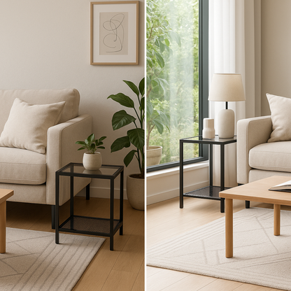 2PC Bedside Nightstand Tables With Metal Frame Black