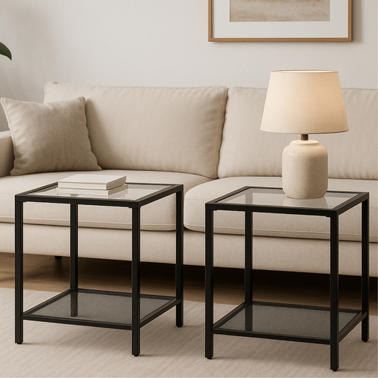 2PC Bedside Nightstand Tables With Metal Frame Black
