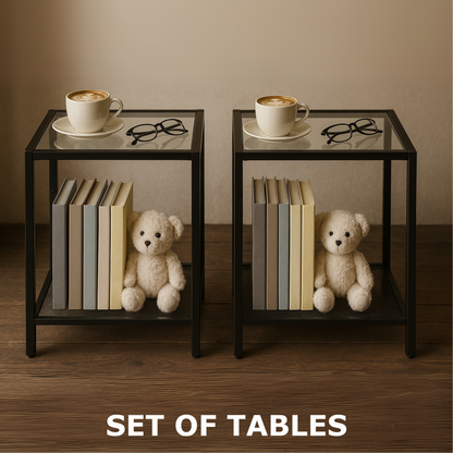 2PC Bedside Nightstand Tables With Metal Frame Black