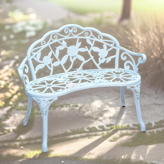 Metal Garden Bench With Rose Petals Detail White
