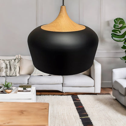 Industrial Metal Wooden Effect Ceiling Light Pendant Shade Black