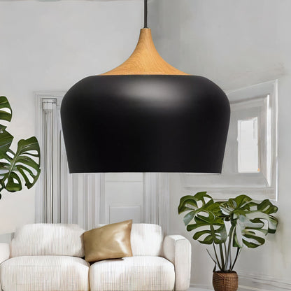 Industrial Metal Wooden Effect Ceiling Light Pendant Shade Black