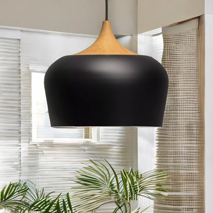 Industrial Metal Wooden Effect Ceiling Light Pendant Shade Black