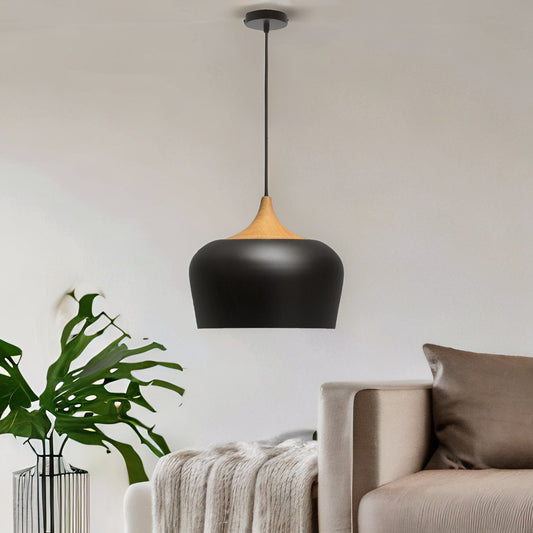 Industrial Metal Wooden Effect Ceiling Light Pendant Shade Black