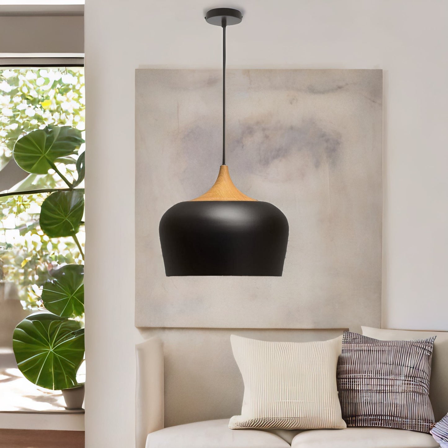 industrial metal wooden effect ceiling light pendant shade black