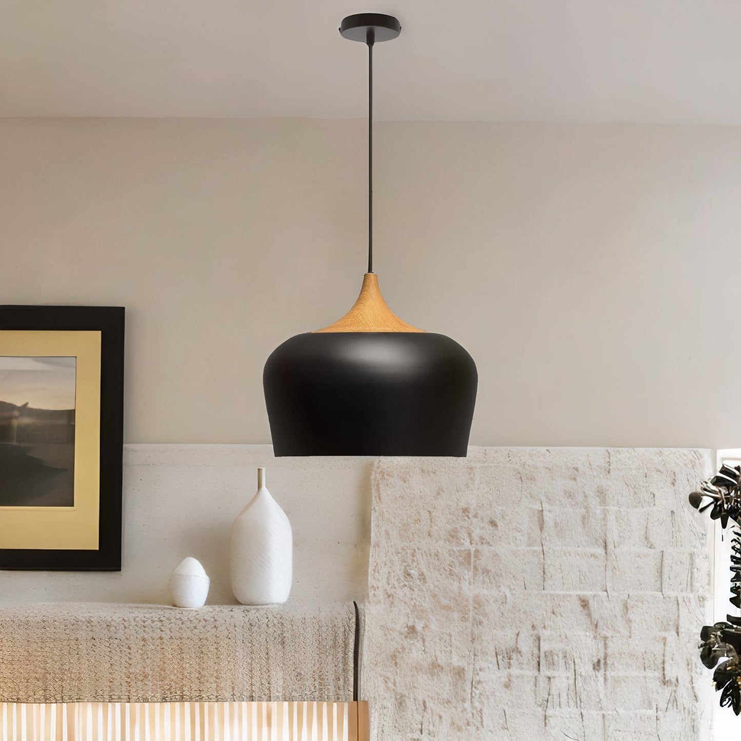 industrial metal wooden effect ceiling light pendant shade black