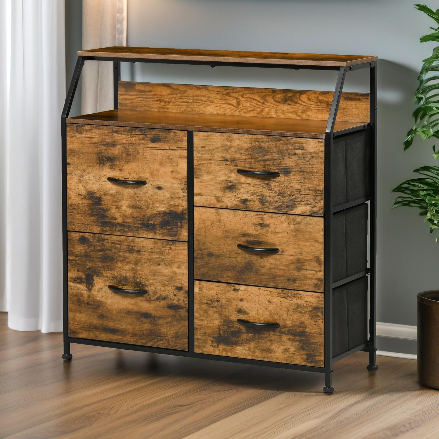 industrial rustic brown chest with 5 fabric drawers