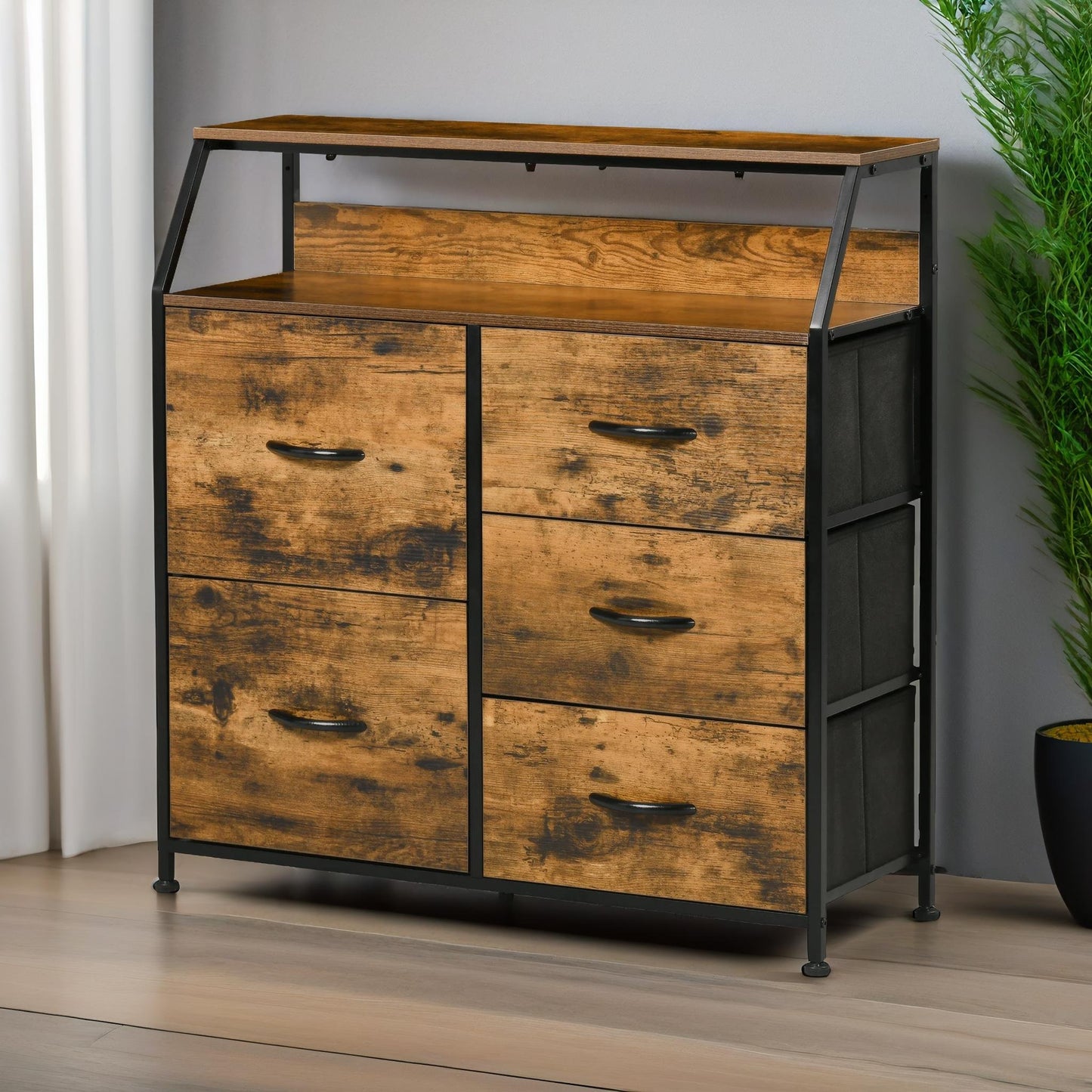 industrial rustic brown chest with 5 fabric drawers