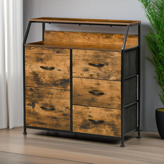 Industrial Rustic Brown Chest With 5 Fabric Drawers