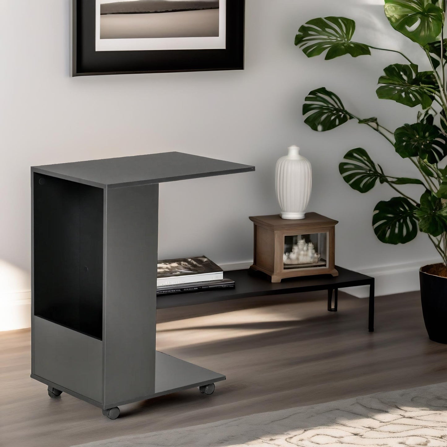 industrial black c shaped side table with storage & wheels