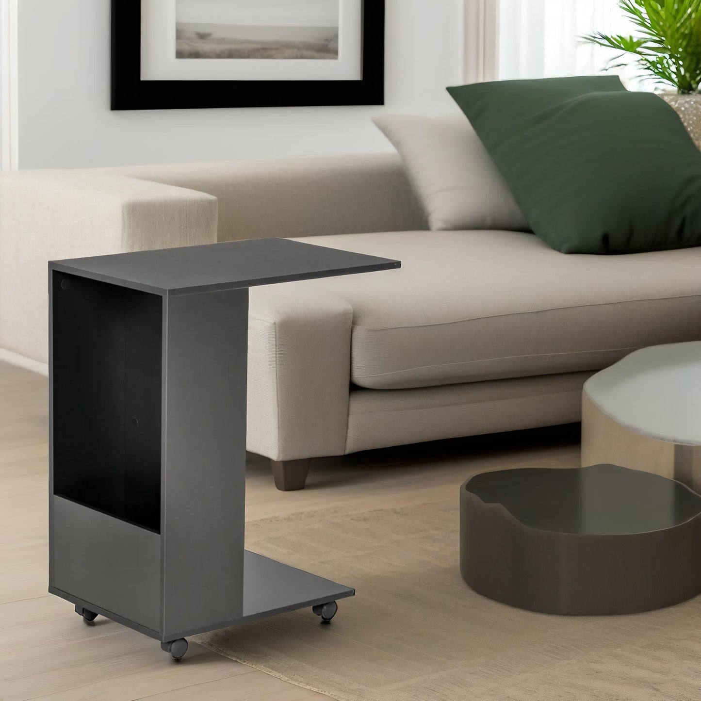 industrial black c shaped side table with storage & wheels