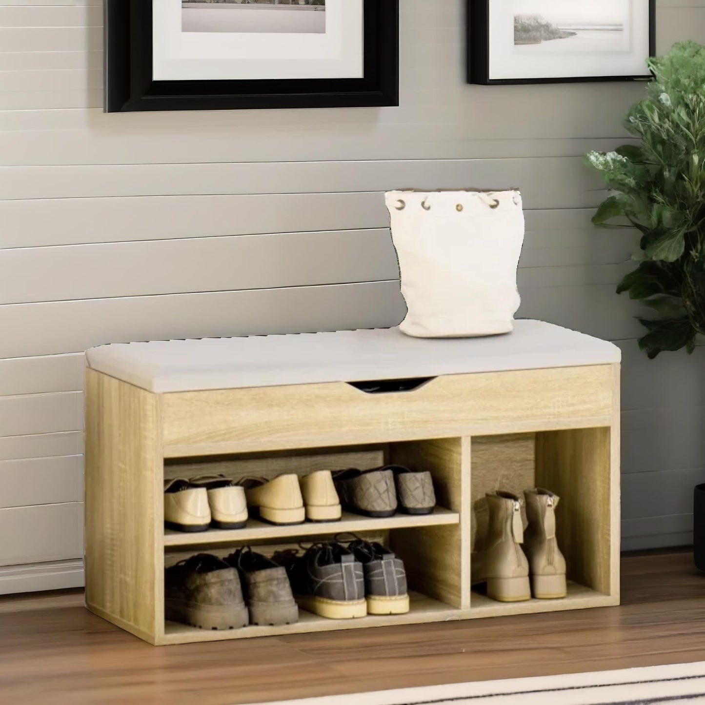 industrial shoe storage bench with cushion seat oak