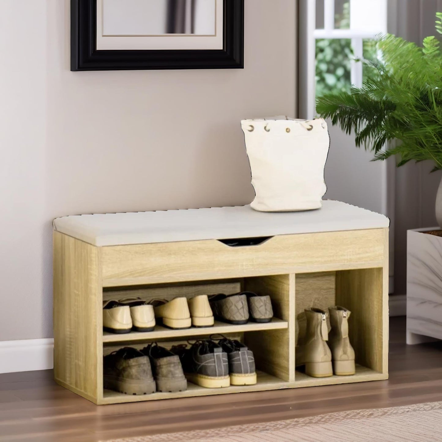 industrial shoe storage bench with cushion seat oak