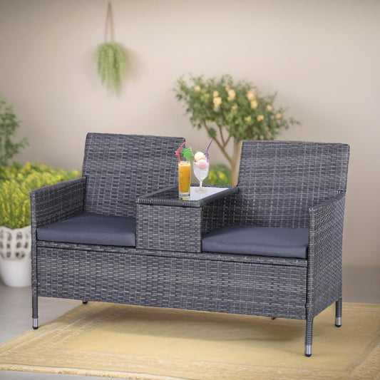 Polyrattan 2 Seater Outdoor Bench With Padded Cushions Black