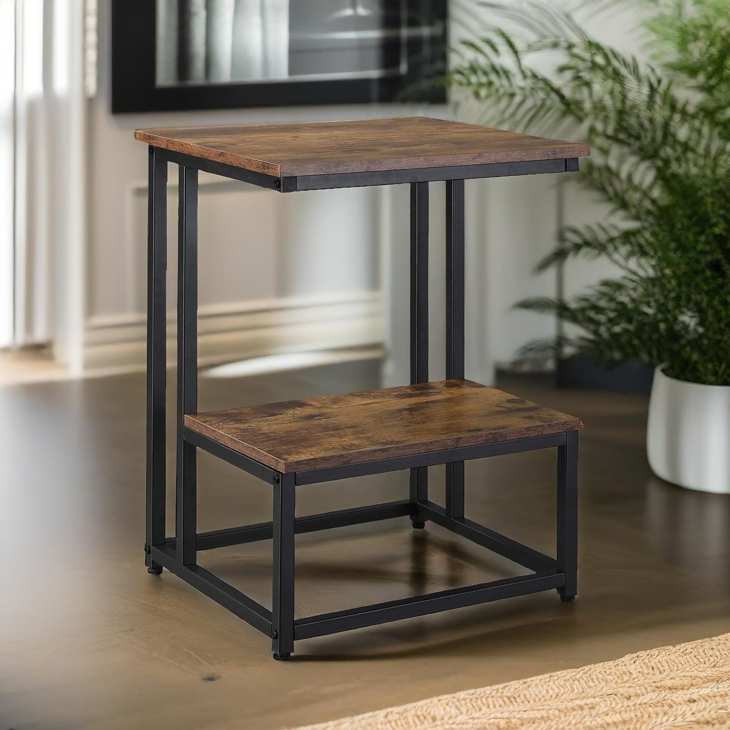 industrial double tier c shaped side table rustic brown