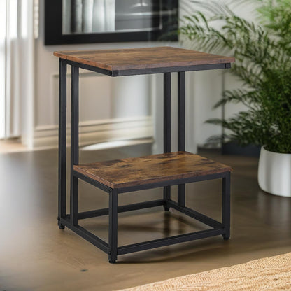 Industrial Double Tier C Shaped Side Table Rustic Brown