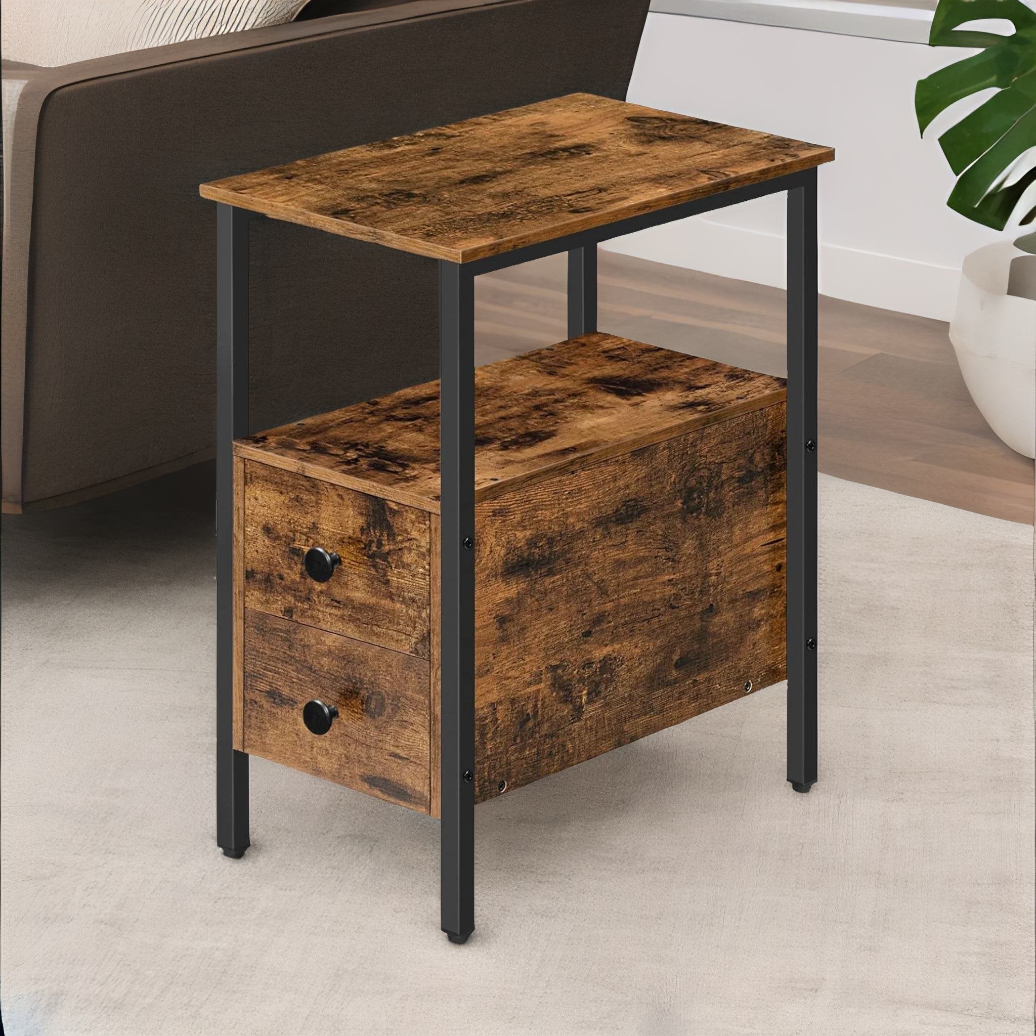 Segawe Brown Narrow End Table With 2 Drawers And Shelf Modern Side Table