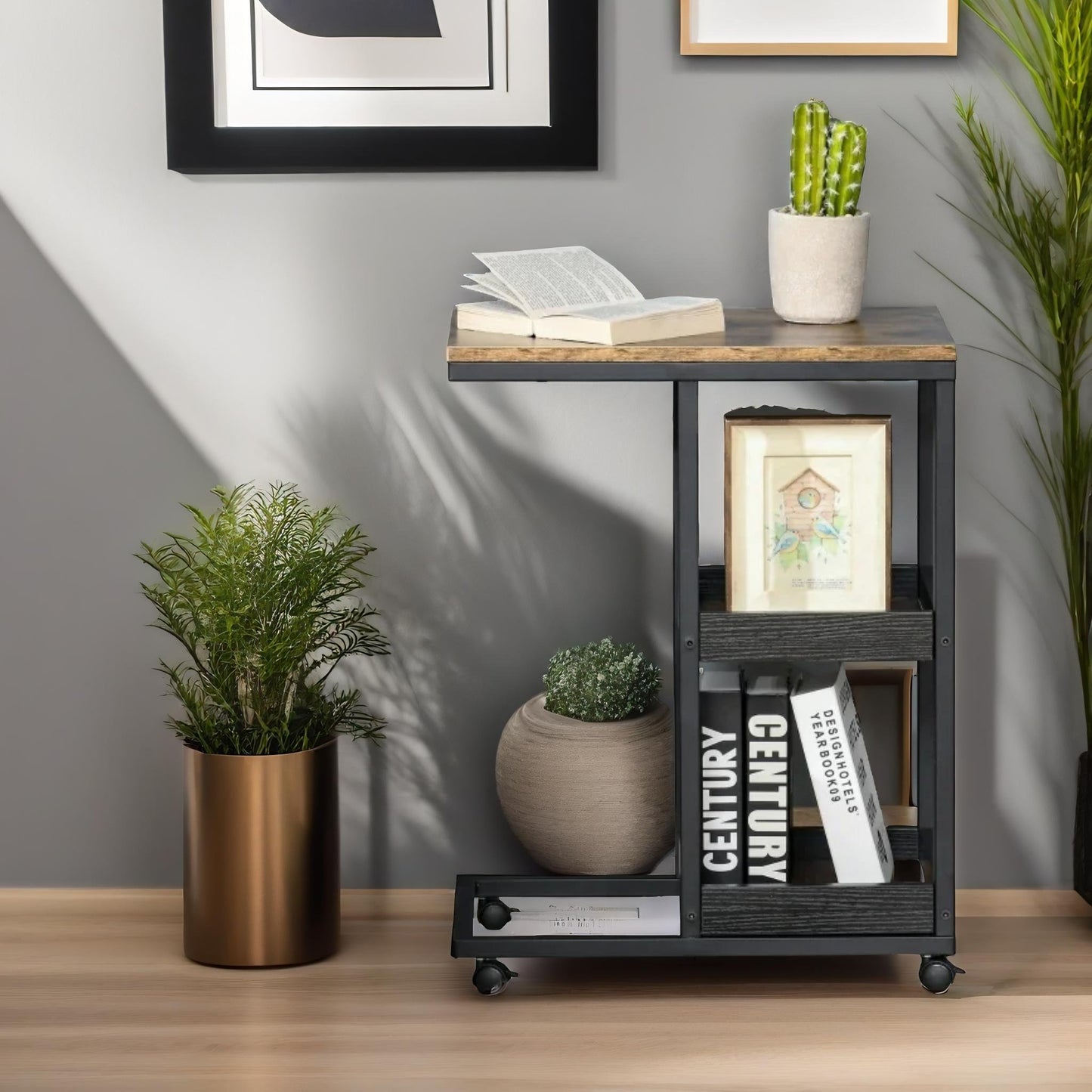 industrial c shaped side table 3-tier with wheels