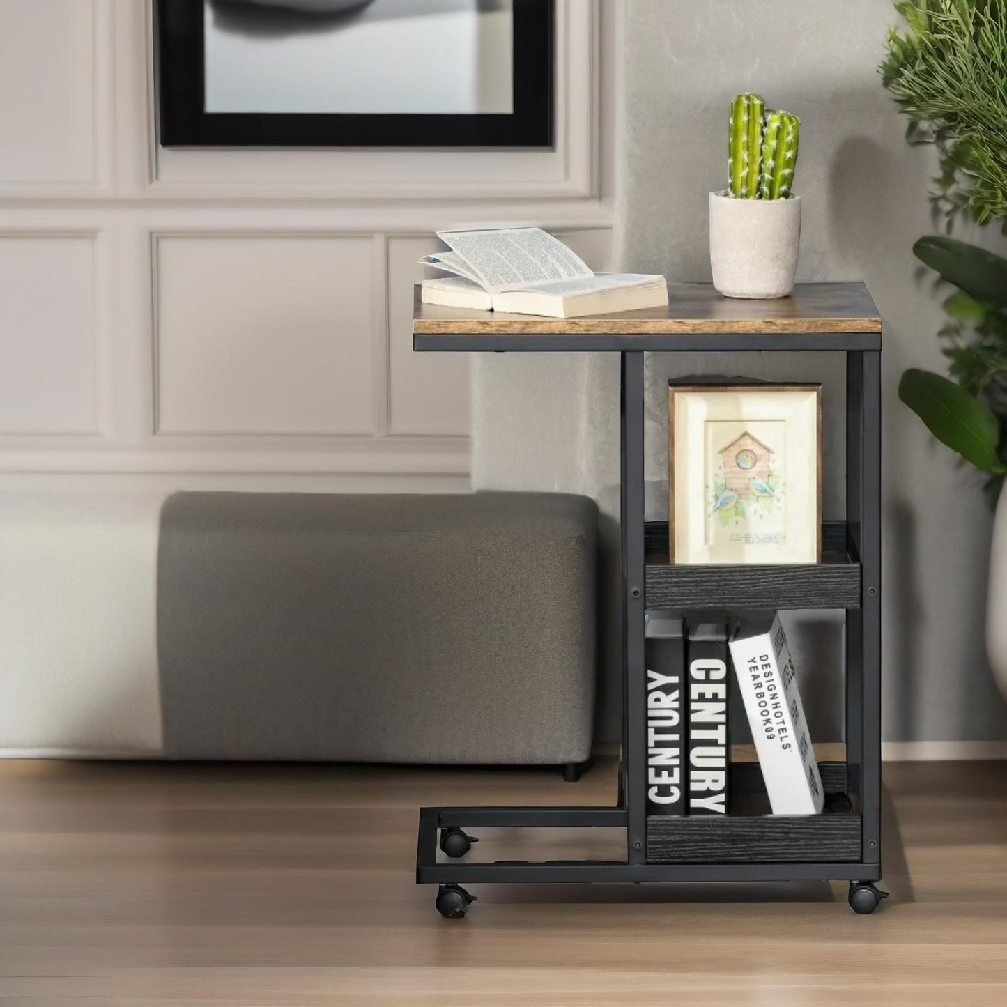 industrial c shaped side table 3-tier with wheels