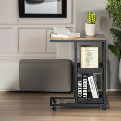 Industrial C Shaped Side Table 3-Tier With Wheels