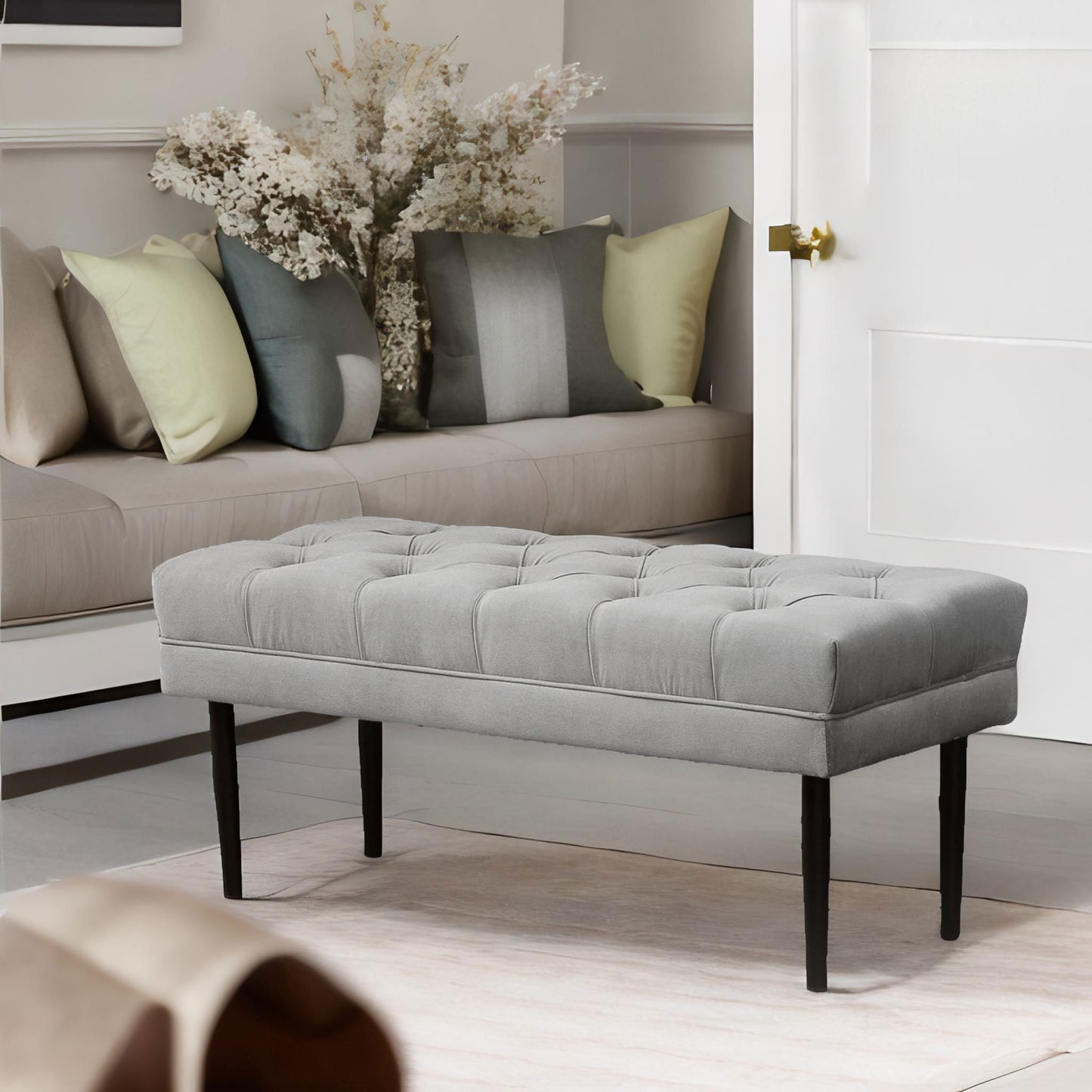 tufted velvet bed end window accent seat grey