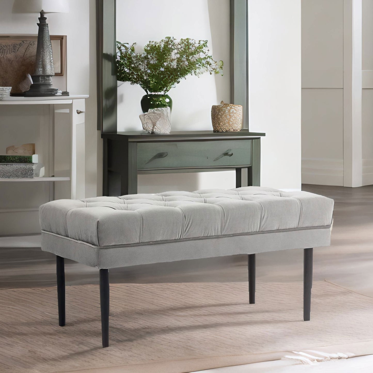 tufted velvet bed end window accent seat grey