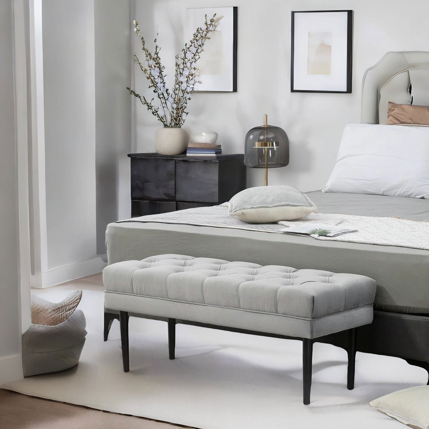 tufted velvet bed end window accent seat grey