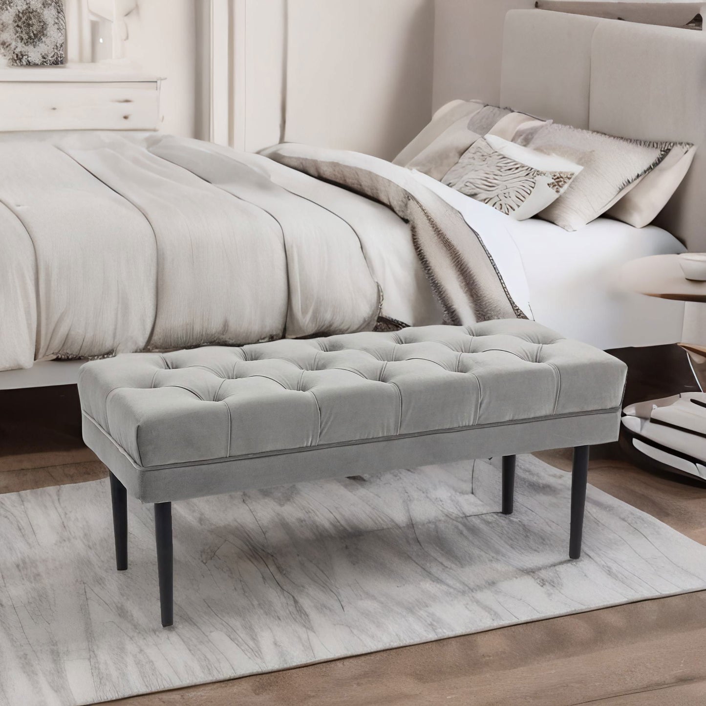 tufted velvet bed end window accent seat grey