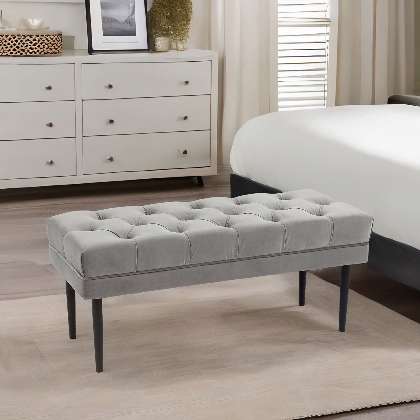 tufted velvet bed end window accent seat grey