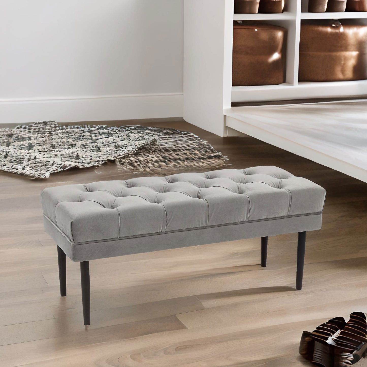 tufted velvet bed end window accent seat grey