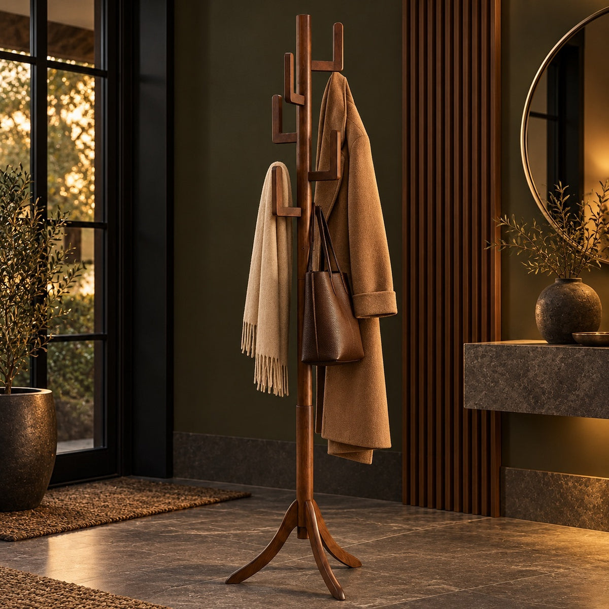 freestanding bamboo coat rack with 6 hanging hooks