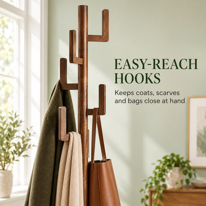 Freestanding Bamboo Coat Rack with 6 Hanging Hooks