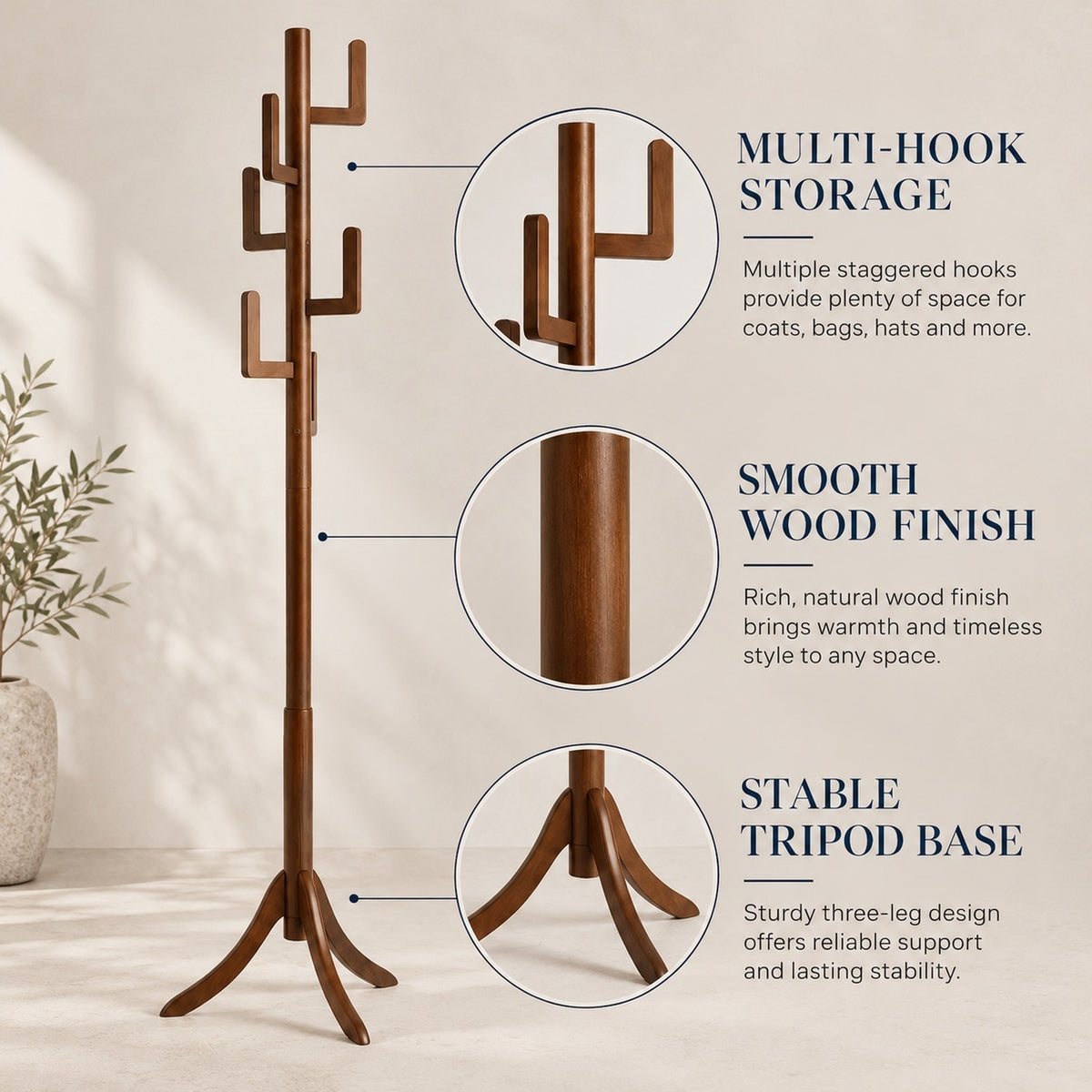 freestanding bamboo coat rack with 6 hanging hooks
