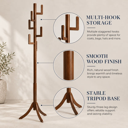 Freestanding Bamboo Coat Rack with 6 Hanging Hooks