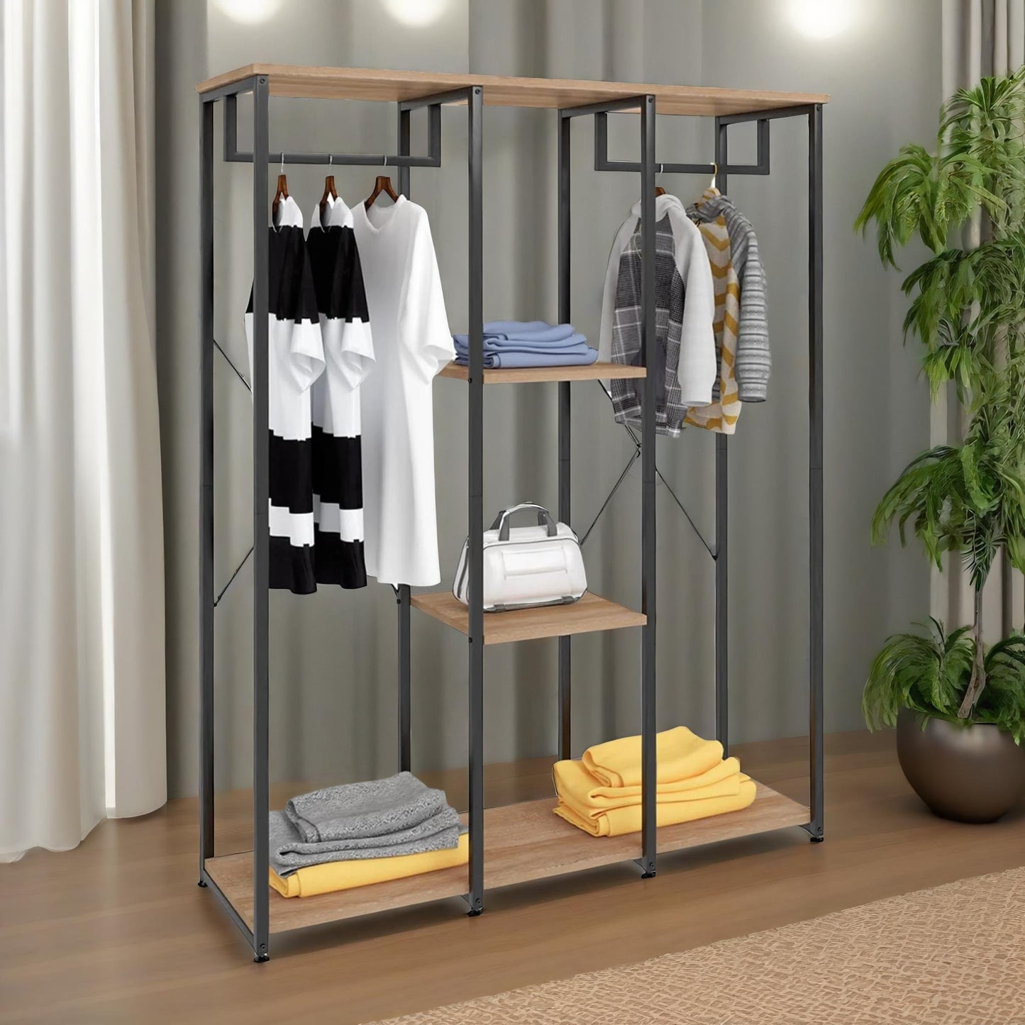 industrial metal open wardrobe with wooden shelves