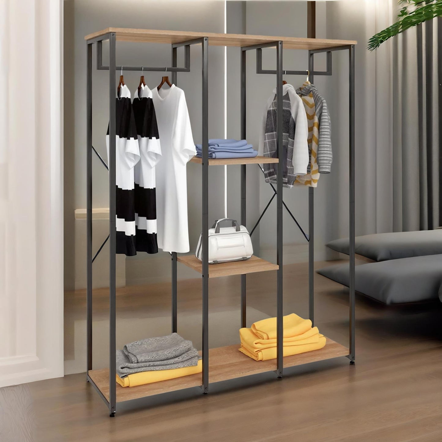 industrial metal open wardrobe with wooden shelves