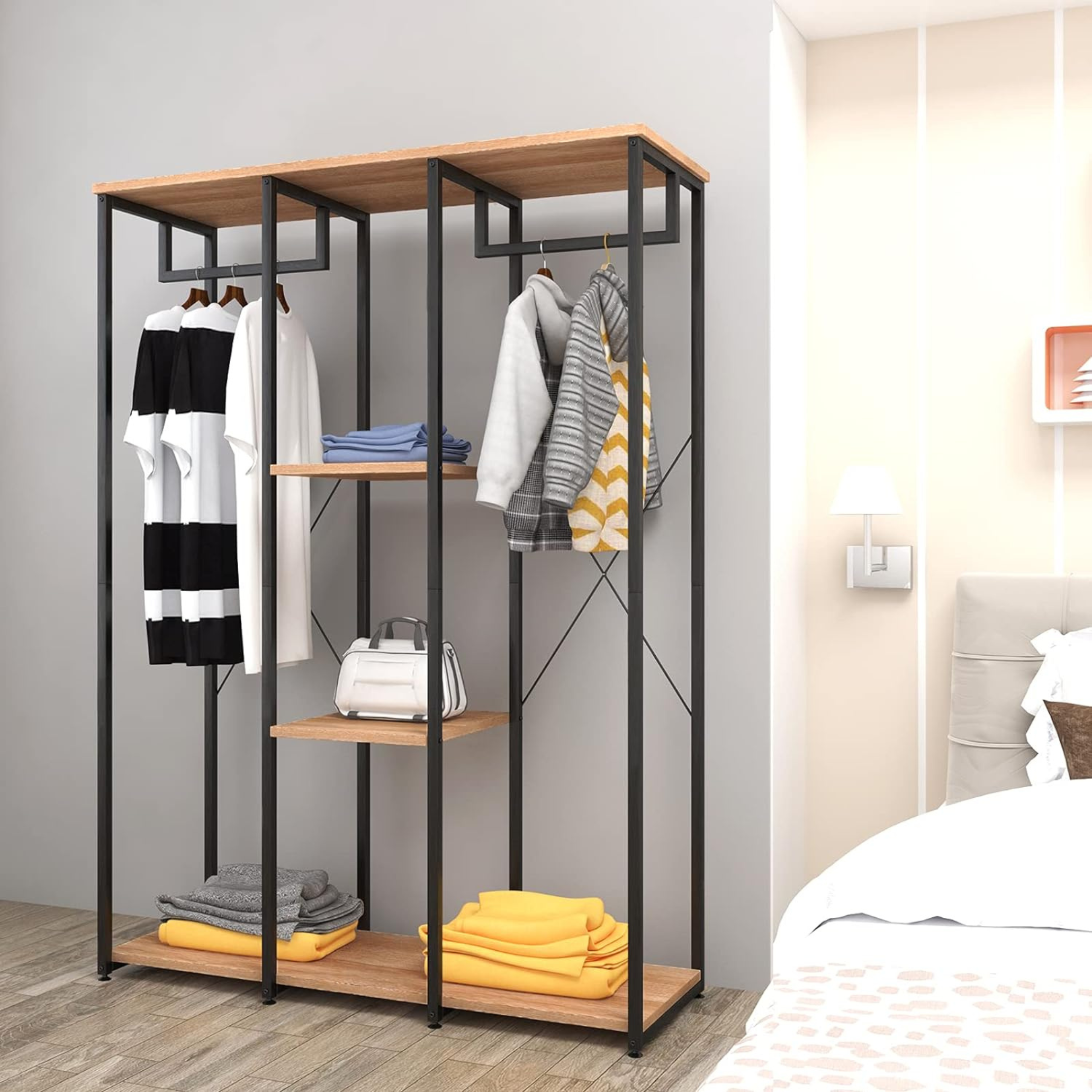 Metal Open Wardrobe With Shelves, Wooden Clothes Rail, Clothes Rail ...